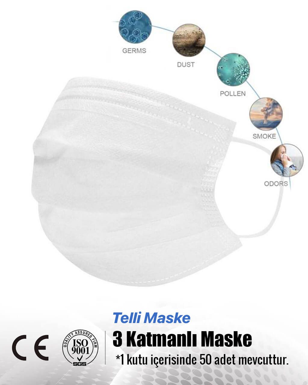 3 Katmanlı Telli Medikal Yüz Maskesi