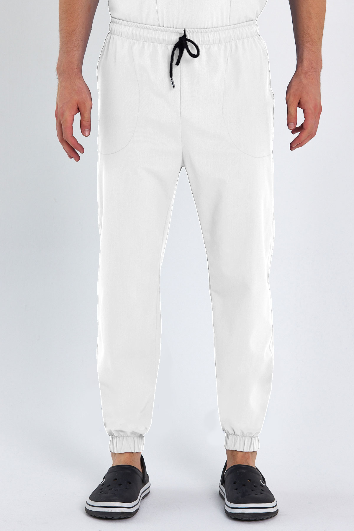 LAME 1010 Basic Likralı Beyaz Scrubs, Hemşire Forması Lastikli Paça Pantolon