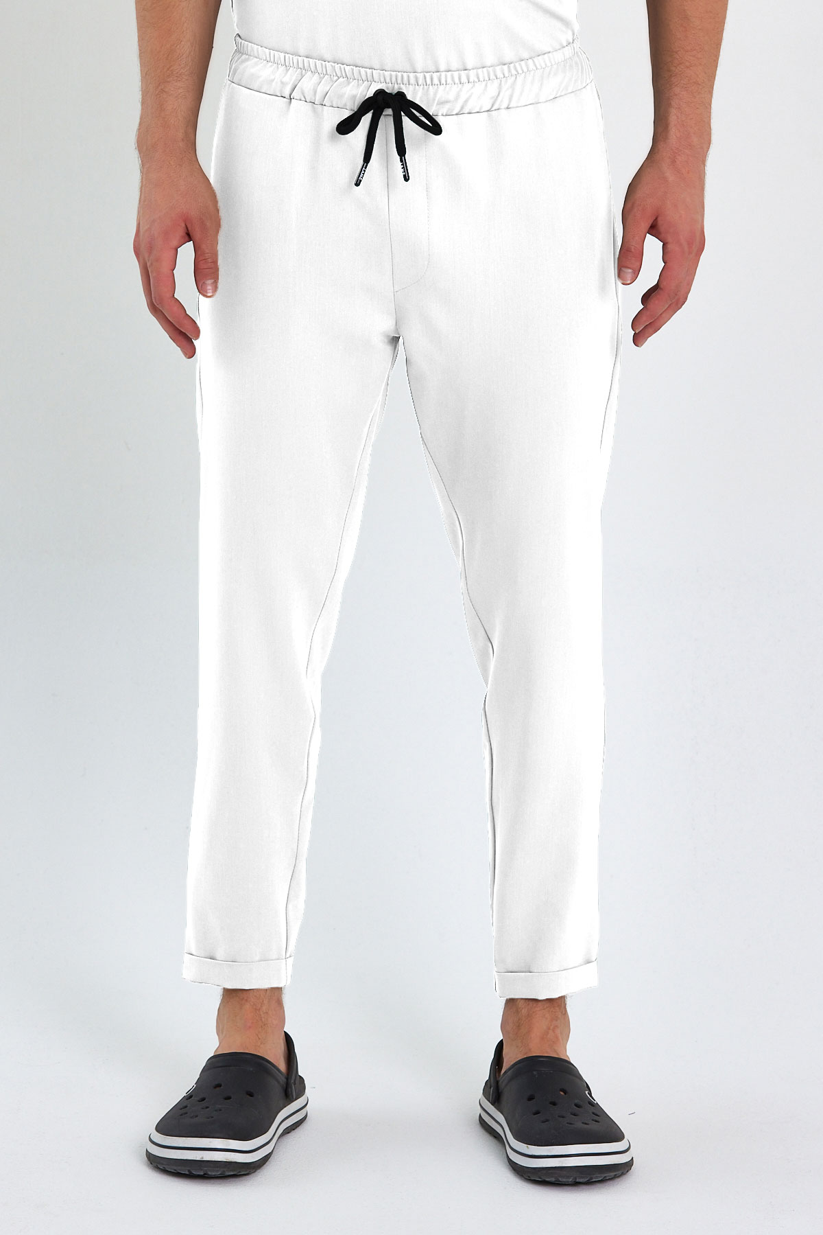 LAME 2004 Premium Likralı Beyaz Scrubs, Hemşire Forması Jogger Pantolon
