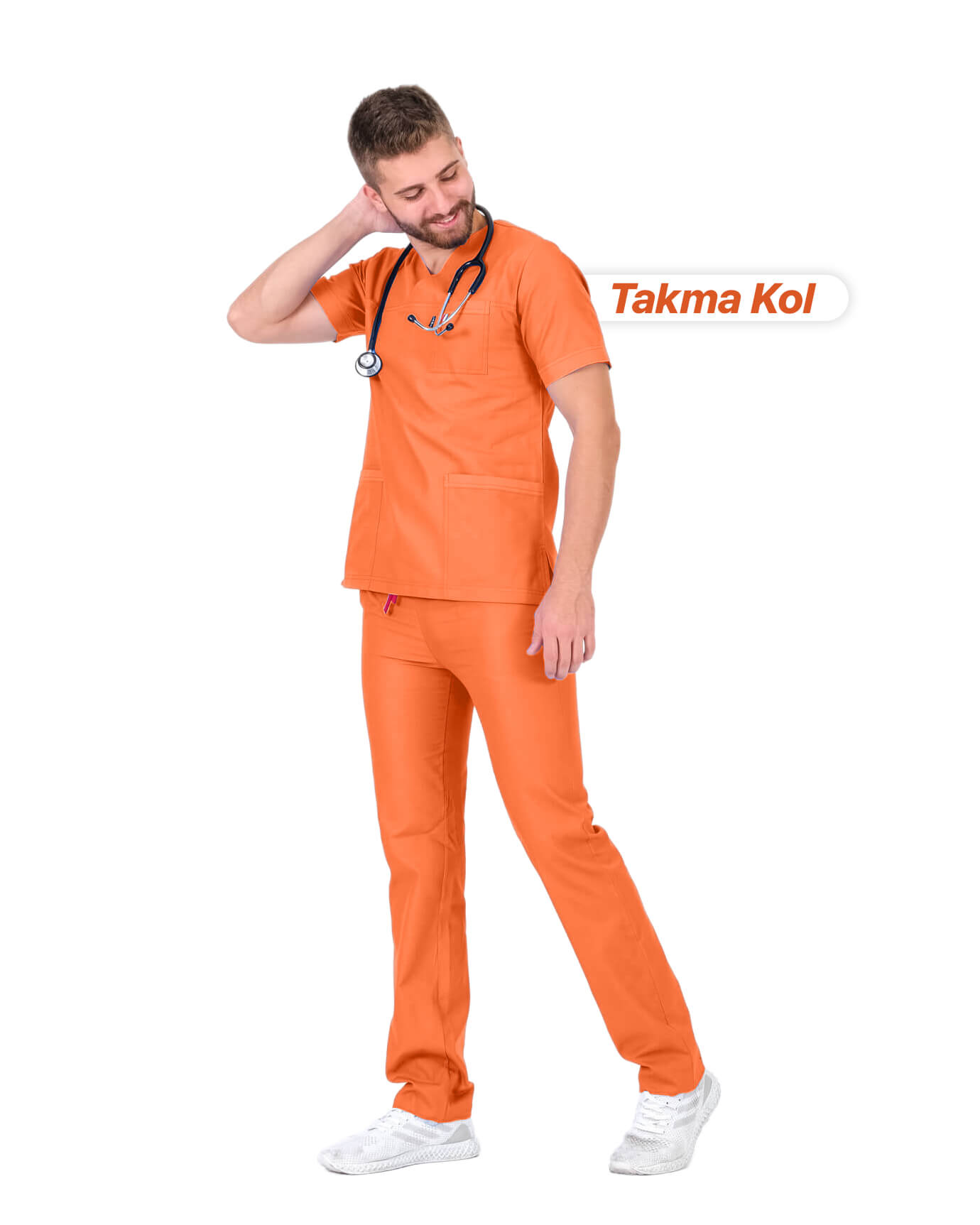 Erkek Gabardin Seri Cerrahi Yaka Takma Kol Oranj Doktor ve Hemşire Forması Scrubs Takımı