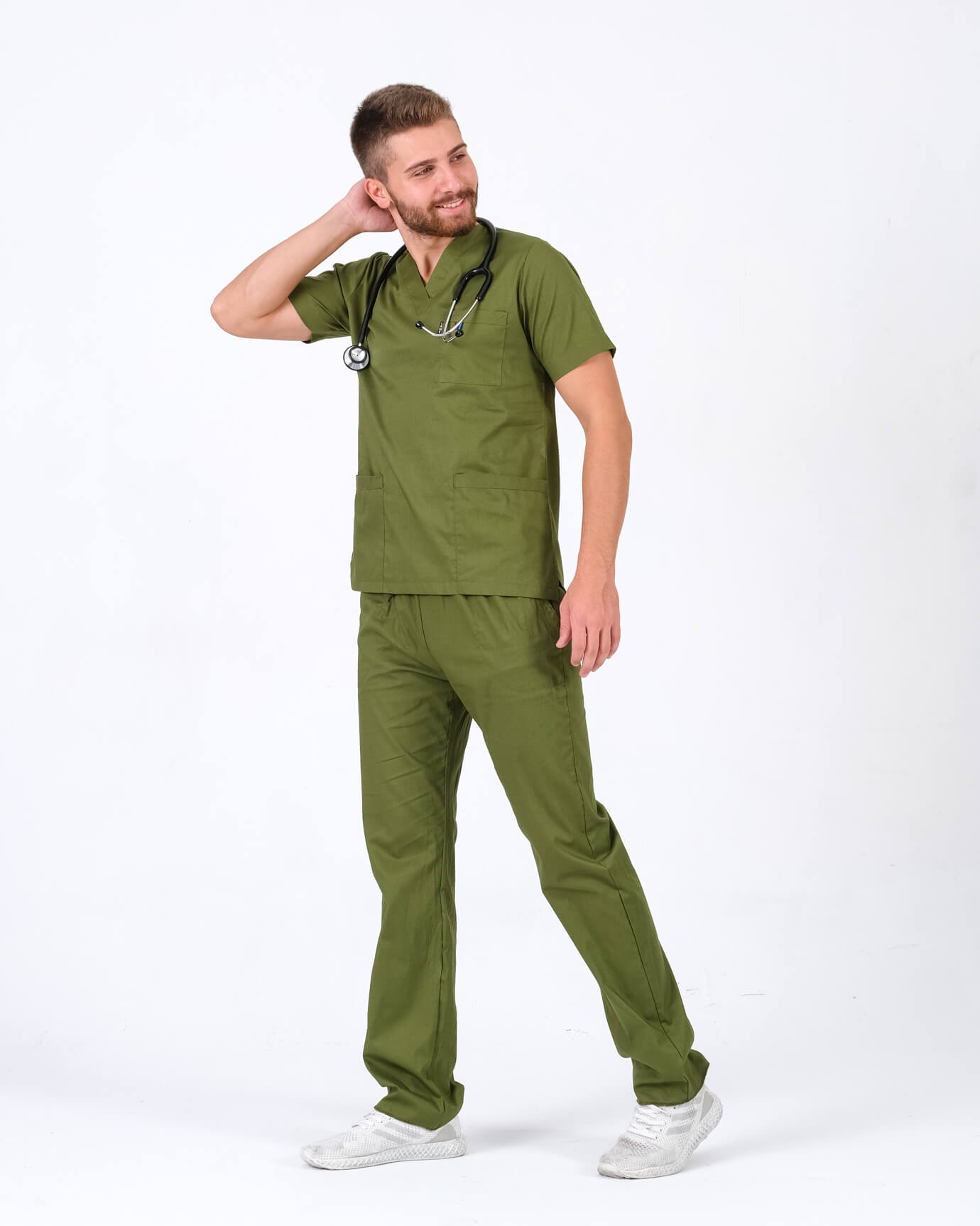 Erkek %100 Pamuk Likralı Takma Kol Asker Yeşili Doktor ve Hemşire Forması Scrubs Takımı