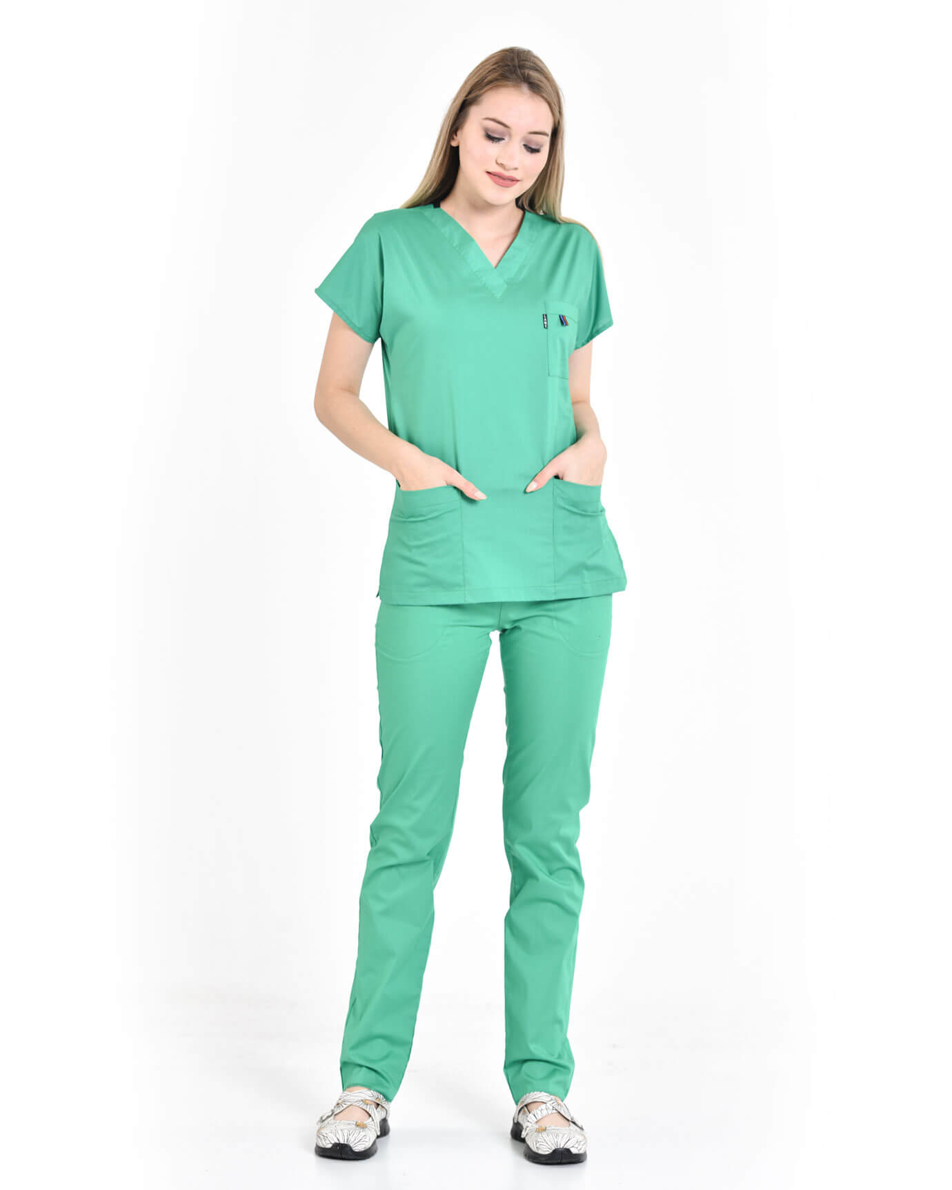 Kadın %100 Pamuk Likralı Benetton Yeşili Doktor ve Hemşire Forması Takımı