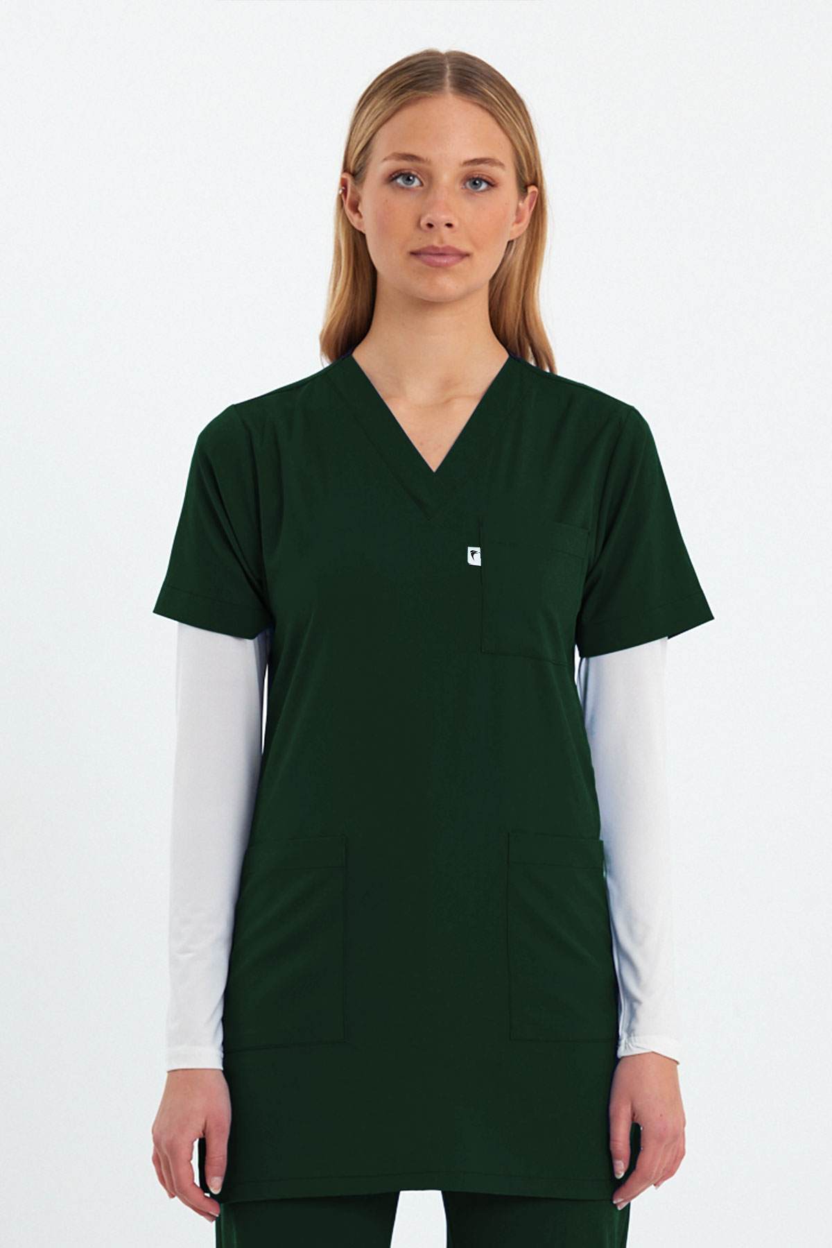 LAME 1004 Basic Likralı Avcı Yeşili Scrubs Kısa Kol Tunik Hemşire Forması Üstü