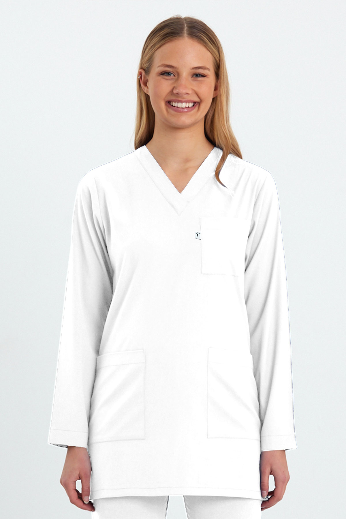 LAME 1005 Basic Likralı Beyaz Scrubs Uzun Kol Tunik Hemşire Forması Üstü