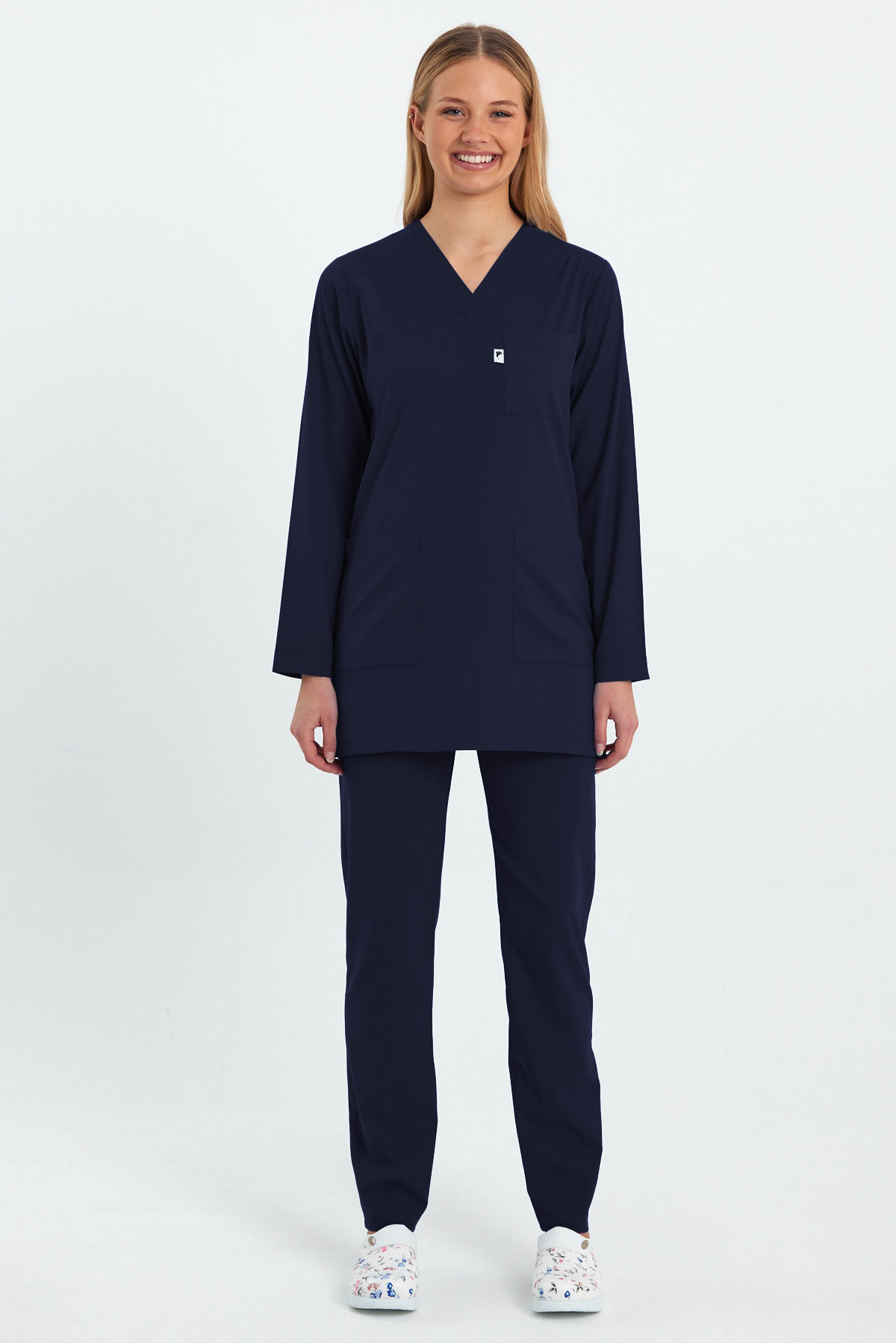 LAME 1005 Basic Likralı Lacivert Scrubs Uzun Kol Tunik Hemşire Forması Takım