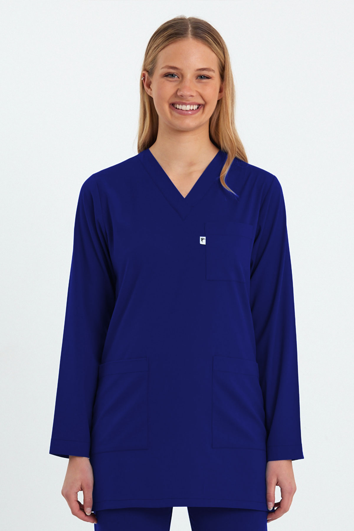 LAME 1005 Basic Likralı Saks Mavisi Scrubs Uzun Kol Tunik Hemşire Forması Üstü