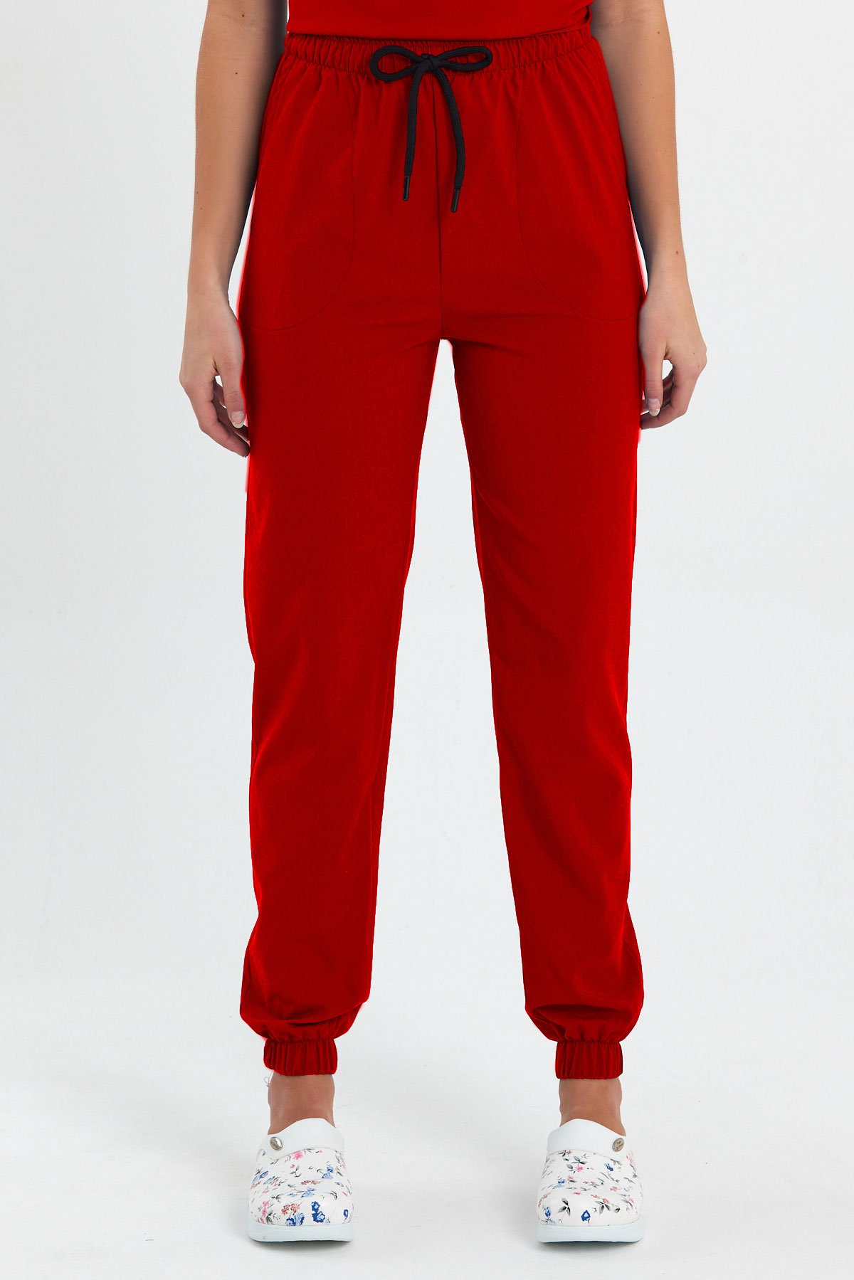 LAME 1010 Basic Likralı Kırmızı Scrubs, Hemşire Forması Lastikli Paça Pantolon