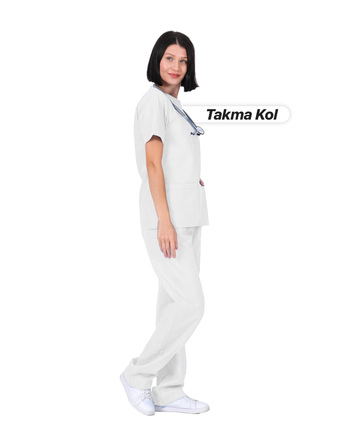 Kadın Gabardin Seri Cerrahi Yaka Takma Kol Beyaz Doktor ve Hemşire Forması Scrubs Takımı
