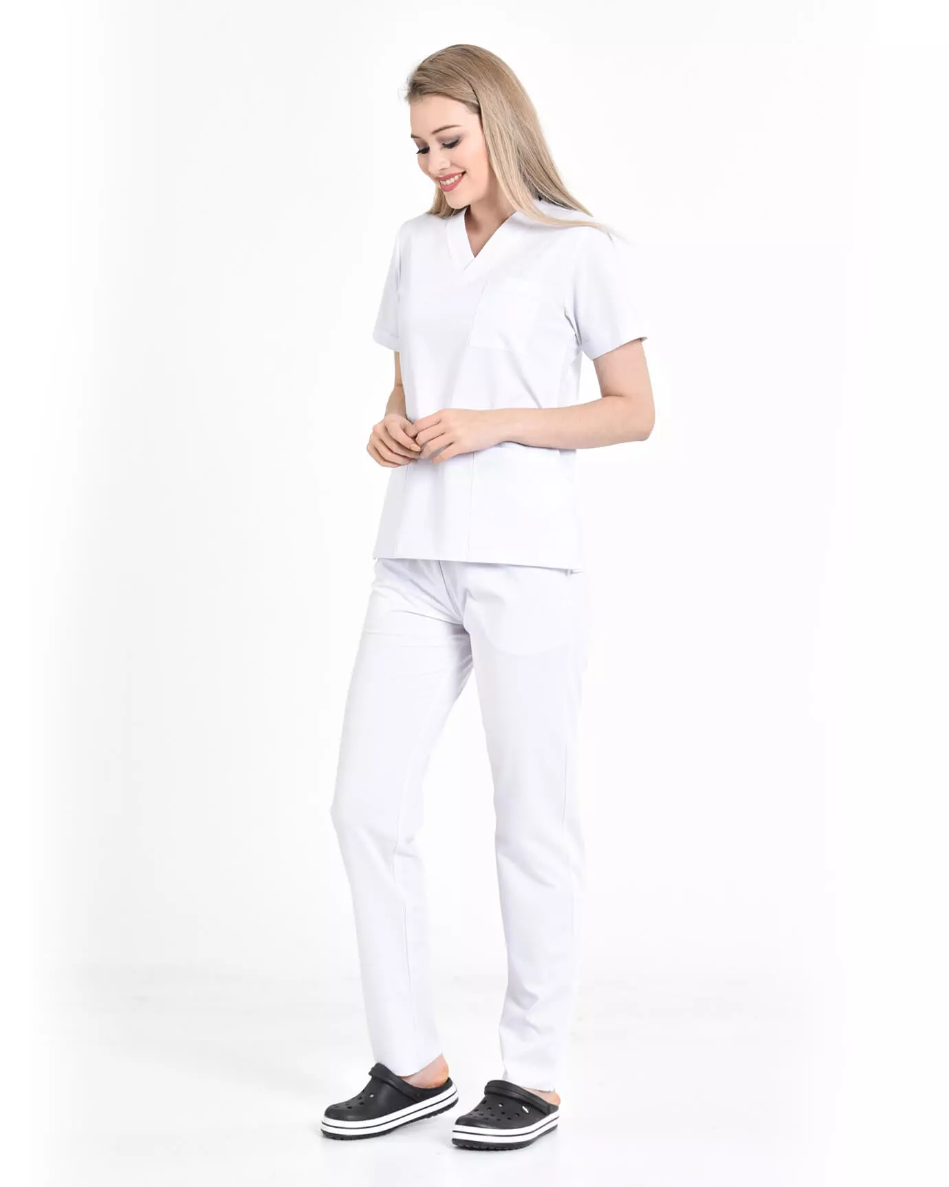 Kadın Hemşire Forması Premium Beyaz Takım Takma Kol