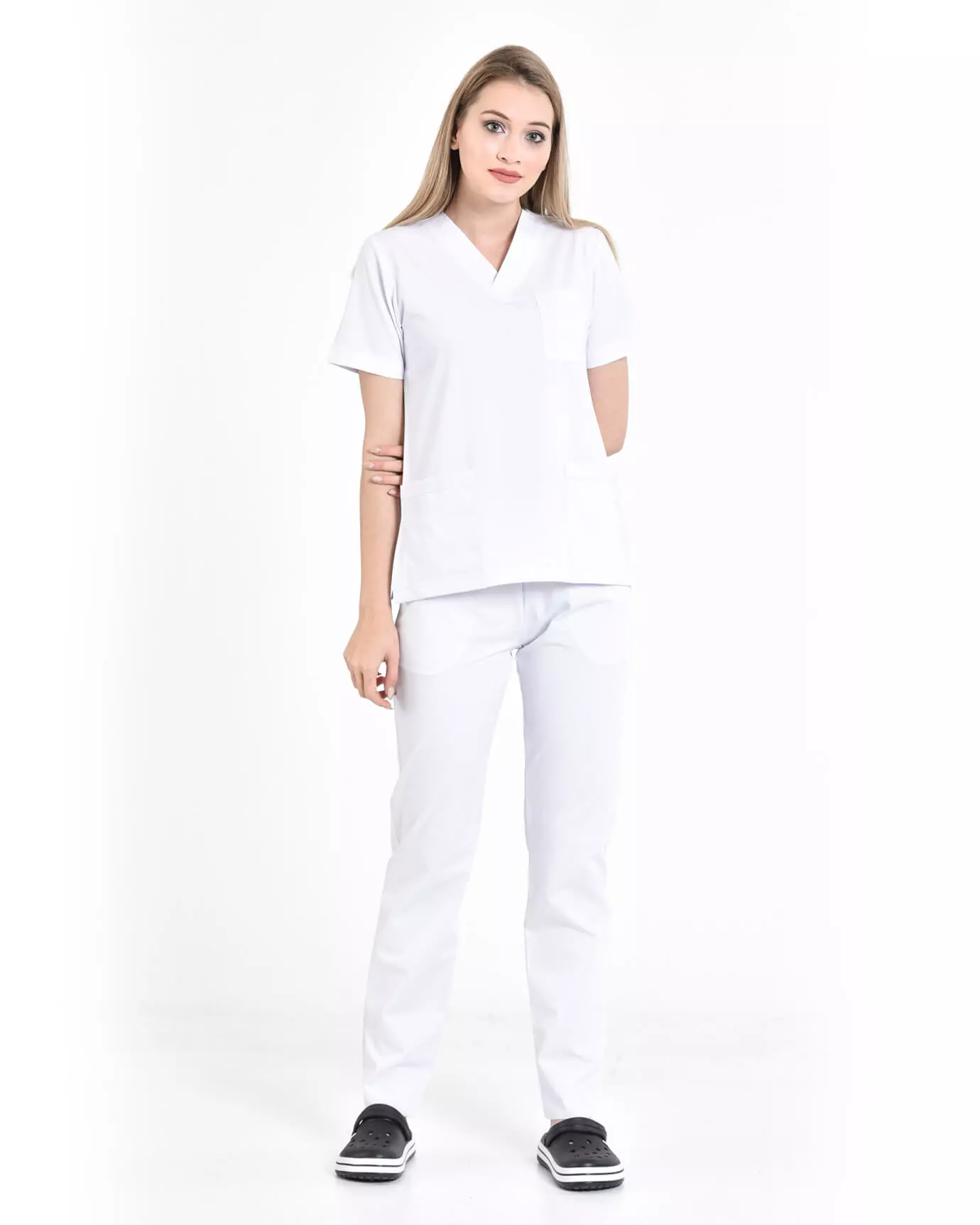 Kadın Hemşire Forması Premium Beyaz Takım Yarasa Kol