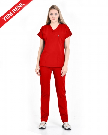 Kadın Premium Seri Relax Kırmızı Yarasa Kol Doktor ve Hemşire Forması Takımı