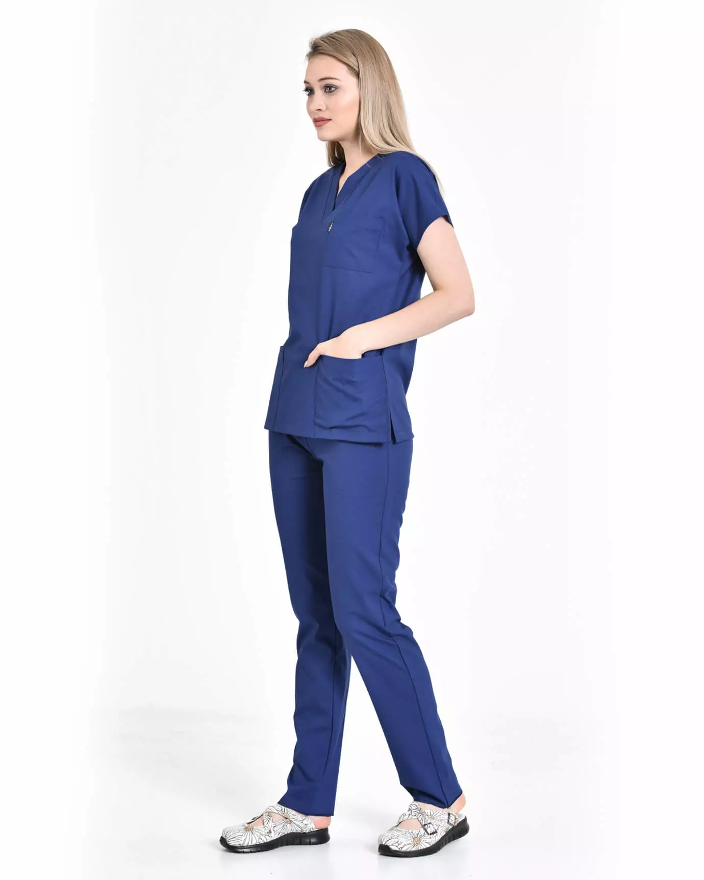 Kadın Hemşire Forması Premium İndigo Mavisi Takım Takma Kol