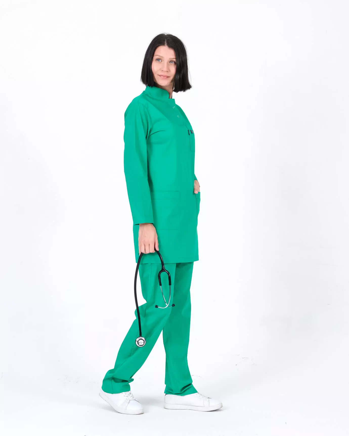 Tesettür Doktor Hemşire Forması Petrol Yeşili Takım Terrycotton Kumaş