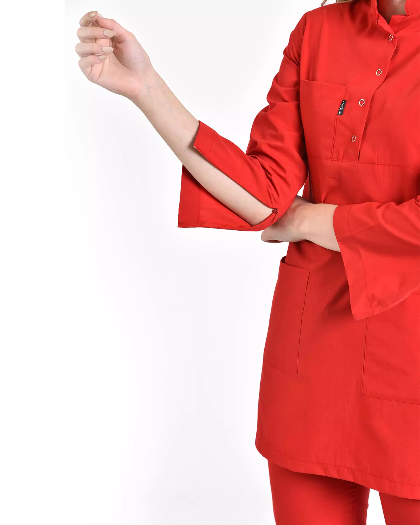 Tesettür Fermuarlı Doktor Hemşire Forması Kırmızı Takım Terrycotton