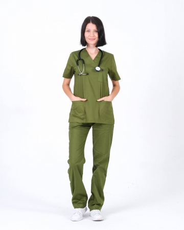 Kadın %100 Pamuk Likralı Takma Kol Asker Yeşili Doktor ve Hemşire Forması Scrubs Takımı