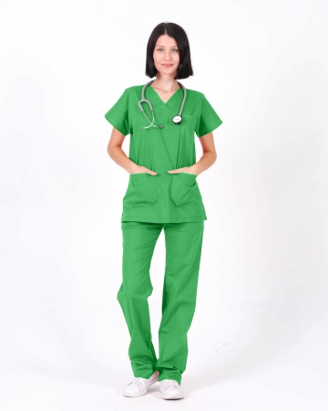 %100 Pamuk Likralı Benetton Yeşili Doktor ve Hemşire Forması Takımı
