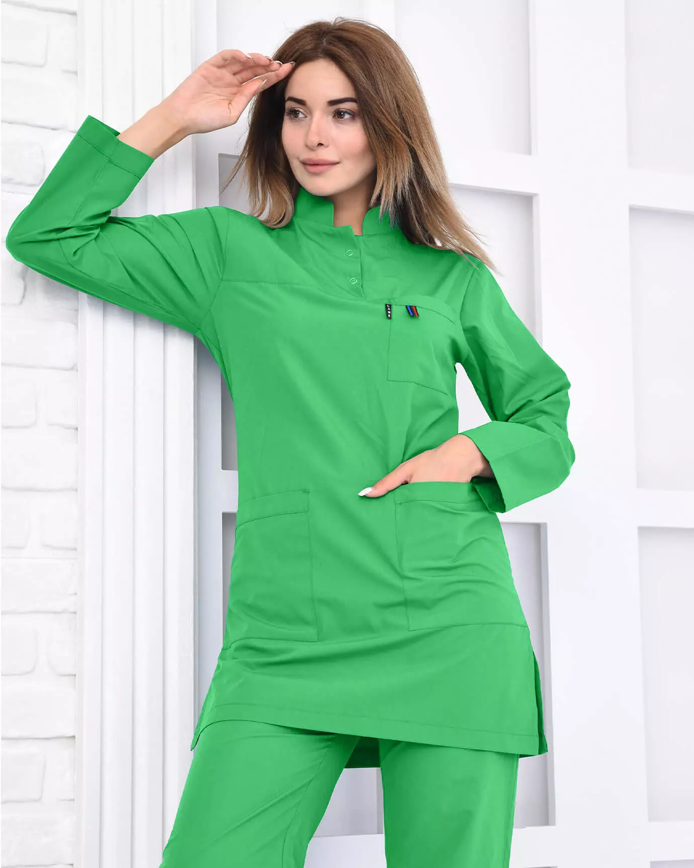 LAME Outlet - %100 Pamuk Likralı Benetton Yeşili Tesettür Hemşire Forması Üstü